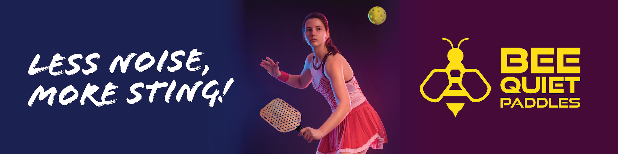 Woman playing pickle ball with a noise-reducing 'Bee Quiet' Paddle. Less noise, more sting!